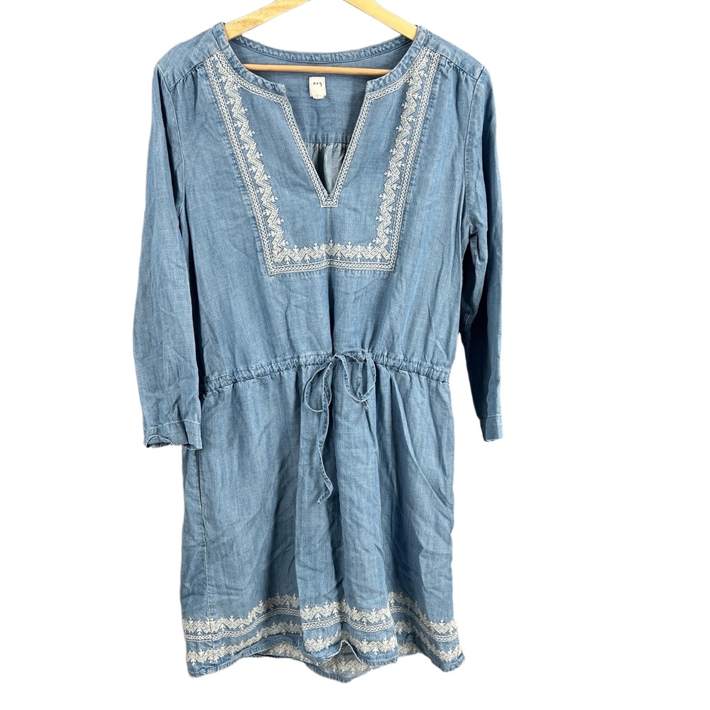 GAP Dress Chambray Blue Long Sleeve‎ Embroidered Drawstring Waist Boho Small